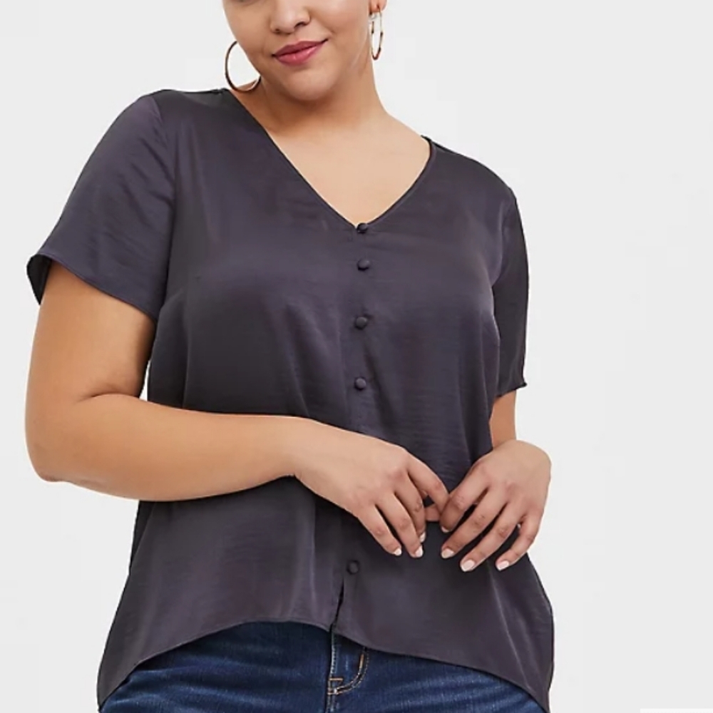 Torrid Dark Slate Grey Textured Charmeuse Button Midi Blouse Sz 4